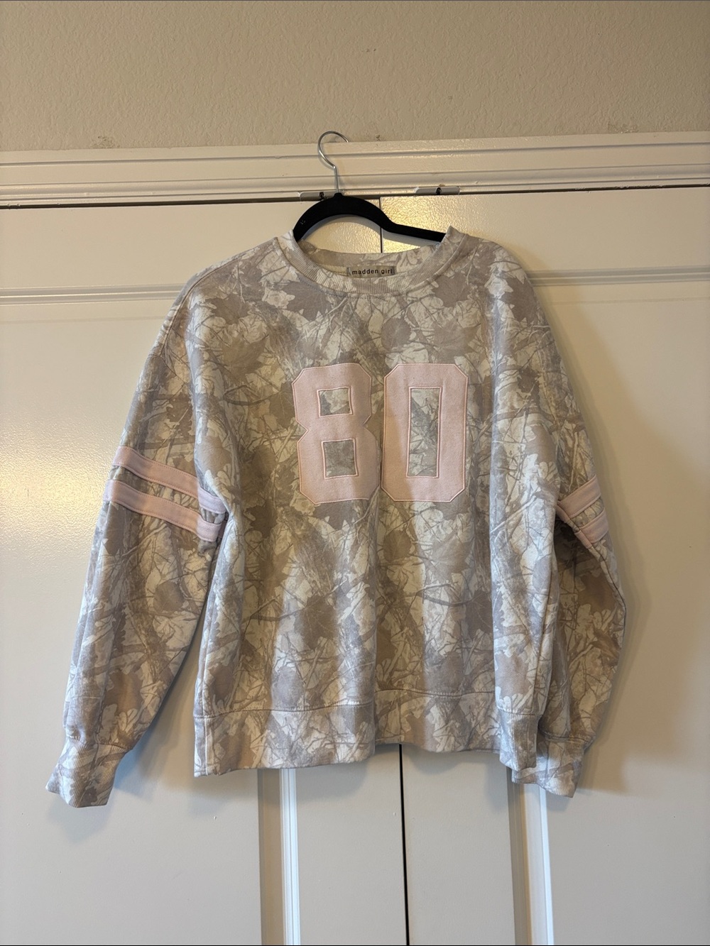 Madden Girl Neutral Floral Sweatshirt with Pink Varsity '80'